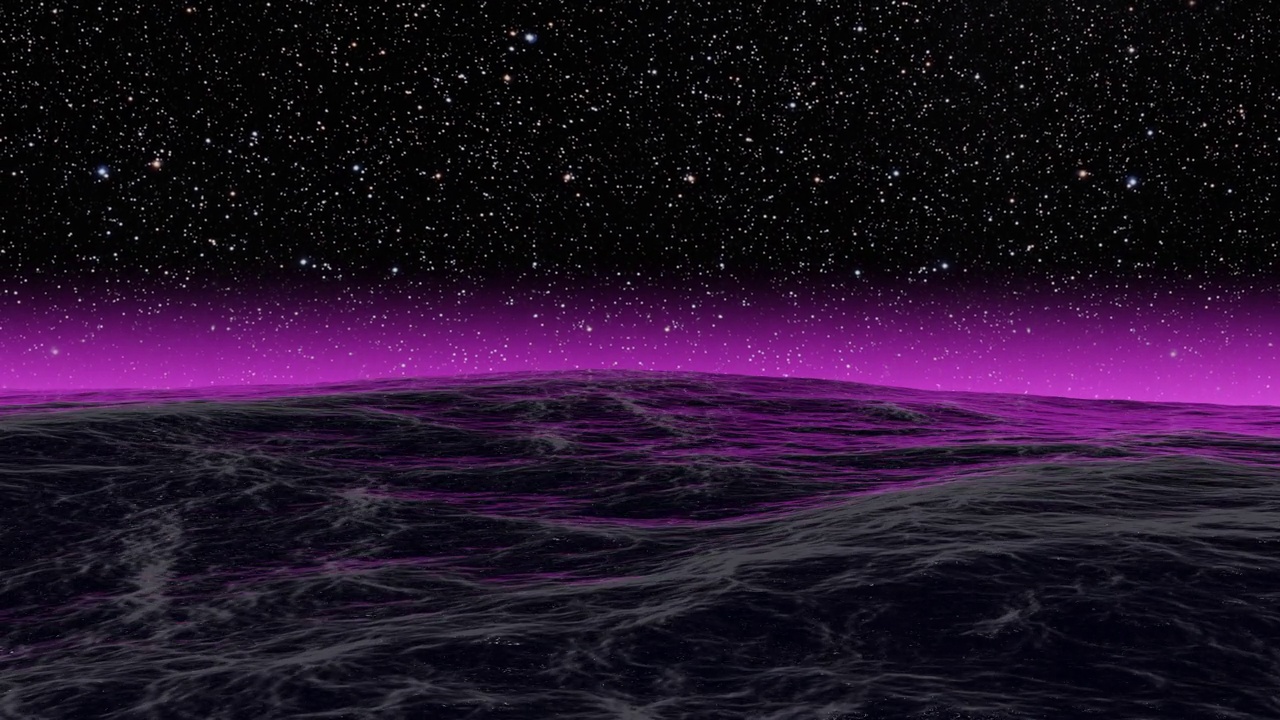 海洋与泡沫的波浪反射像一面镜子，繁星点点的夜空与粉红色的光在地平线上-无限循环视频下载
