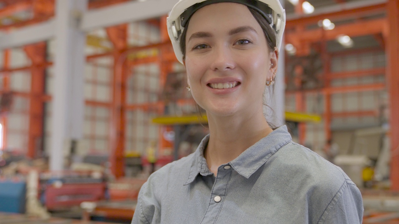肖像微笑的女工程师在工厂。视频下载