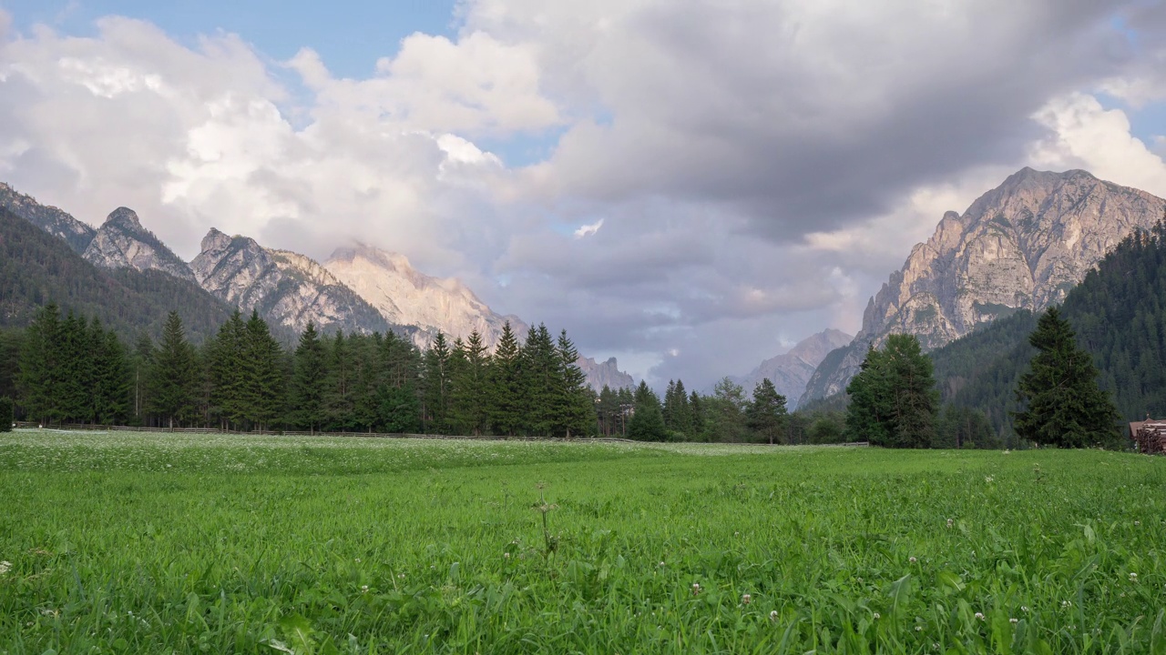 绿色草地和意大利阿尔卑斯山脉的背景在一个夏天的一天-延时，意大利视频下载