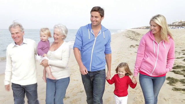 多代家庭一起在沙滩上散步视频素材