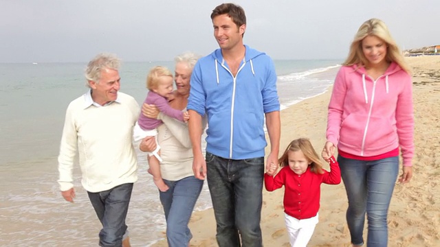 多代家庭一起在沙滩上散步视频下载