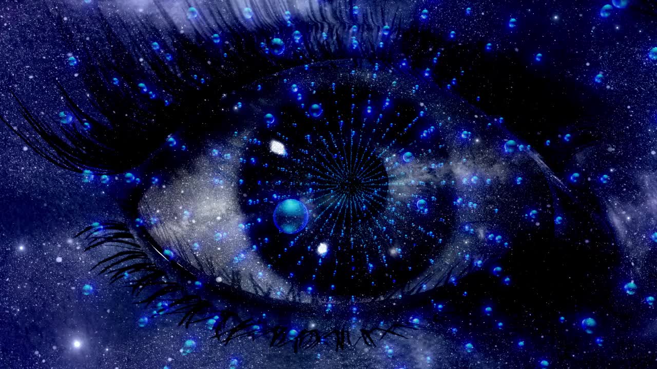 由星星和宇宙组成的眼睛，球体在隧道中飞行视频下载