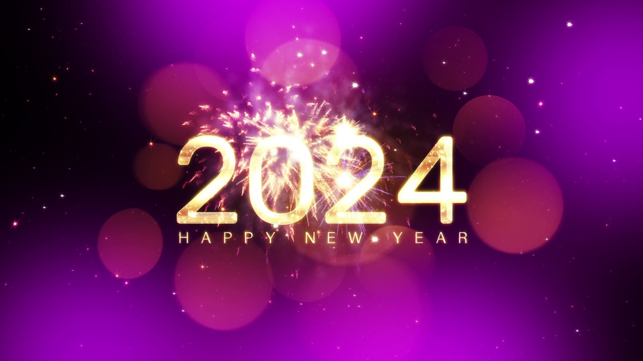2024新年快乐的文字效果美丽的电影标题预告片动画金色闪耀闪烁的文字与烟花在紫色散景背景。视频素材