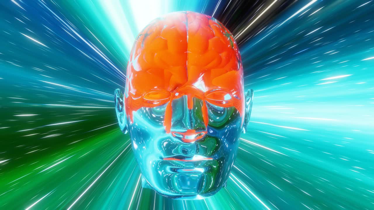 橙色大脑的玻璃头在五彩斑斓的光线背景下旋转视频下载