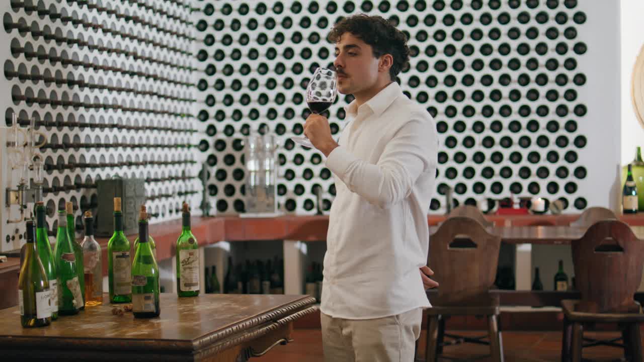 一名男子在酒窖里用高脚杯啜饮葡萄酒。酿酒的概念视频素材