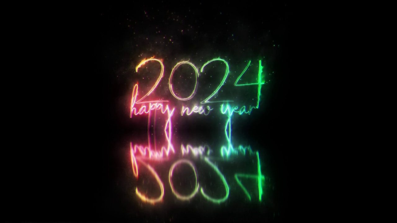 2024新年快乐彩色霓虹激光文字动画故障效果与发光粒子电影标题在黑色抽象背景。视频素材