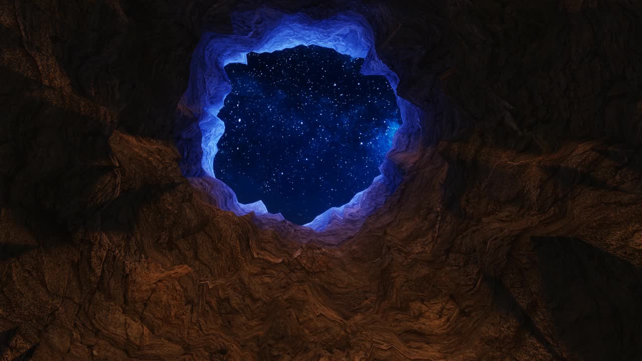 岩洞通向满天繁星的天空视频下载