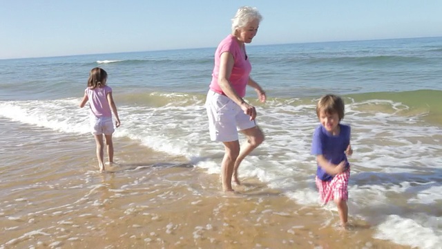 奶奶和孙子在海浪中嬉戏视频素材