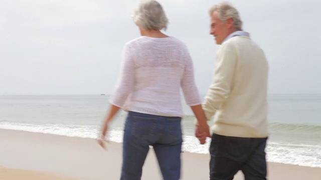 一对老年夫妇在迷雾海滩上散步视频素材