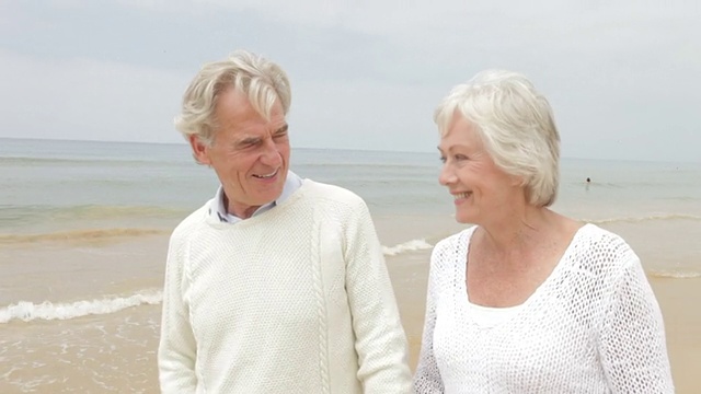 一对老年夫妇在迷雾海滩上散步视频下载