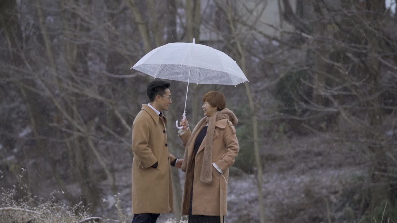 一对亚裔华人夫妇带着雨伞在森林中漫步视频下载