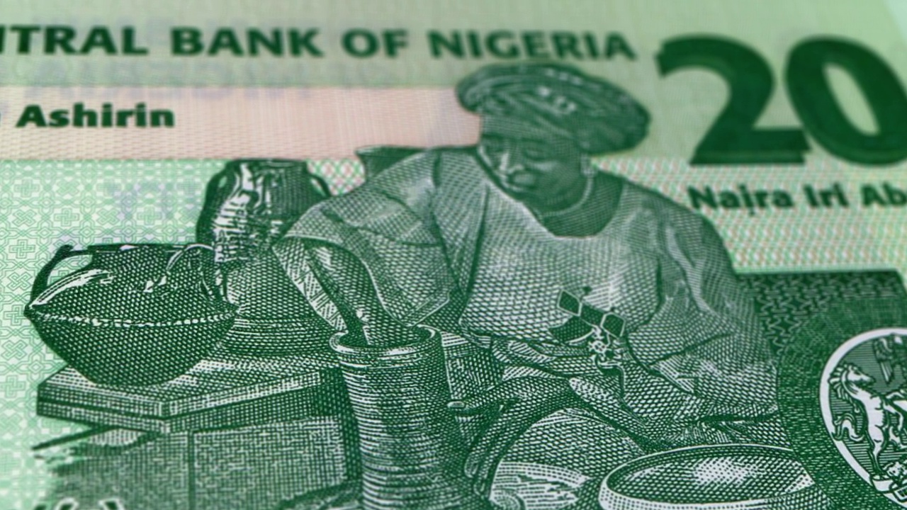 尼日利亚奈拉20钞票，20尼日利亚奈拉，尼日利亚奈拉的特写和宏观视图，跟踪和多莉拍摄20尼日利亚奈拉钞票观察和储备方面，尼日利亚奈拉货币背景，尼日利亚视频下载