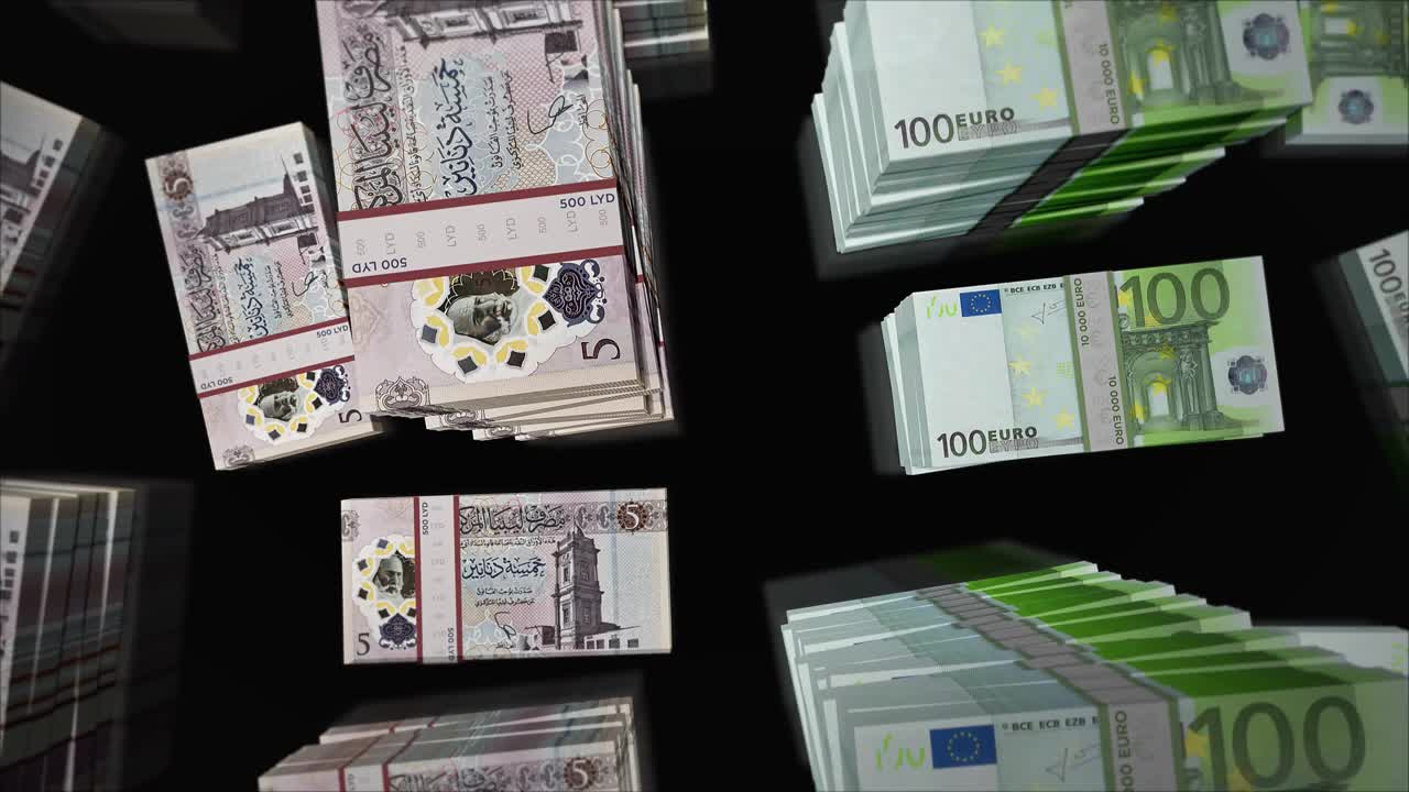 欧元和利比亚第纳尔货币兑换循环动画视频素材