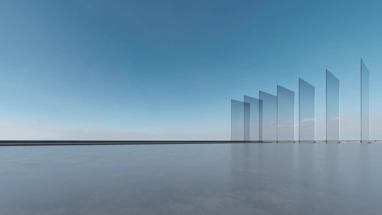 3d渲染抽象的未来主义玻璃建筑与空混凝土地板。视频素材