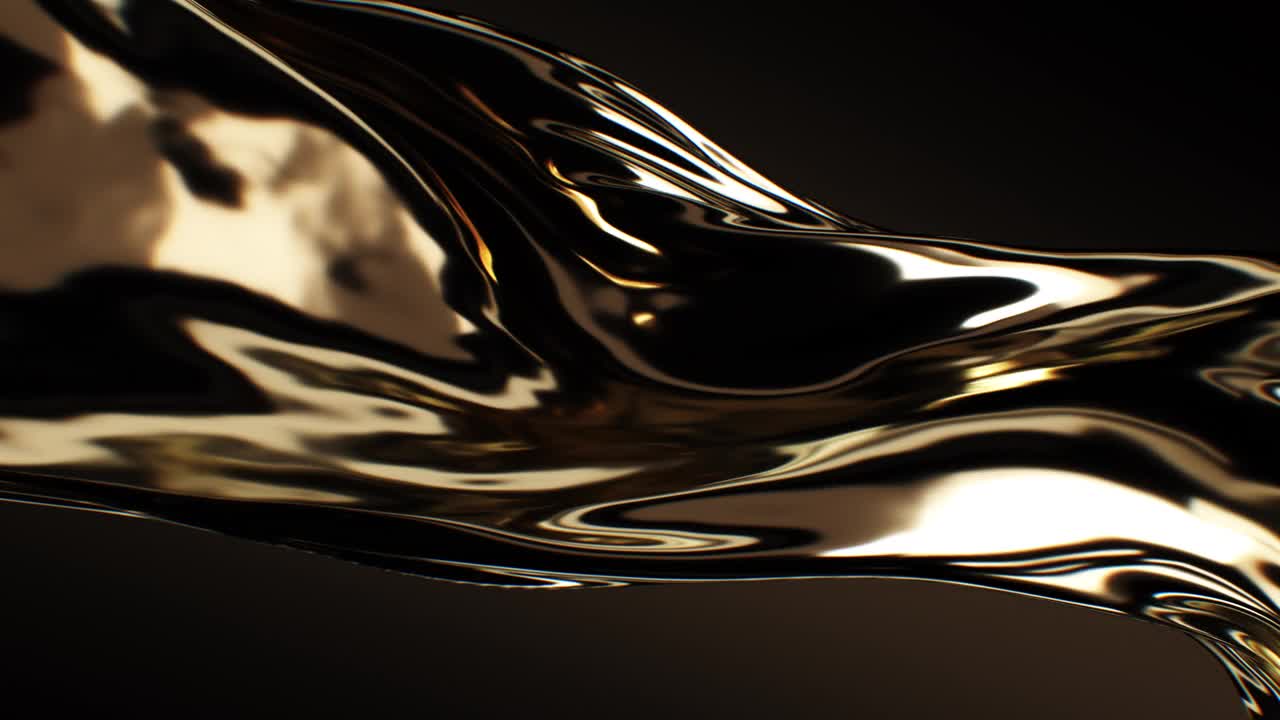 液体黄金流动无缝慢动作。环形熔化的金色金属在黑色3d动画上挥舞。金色纹理抽象背景视频下载