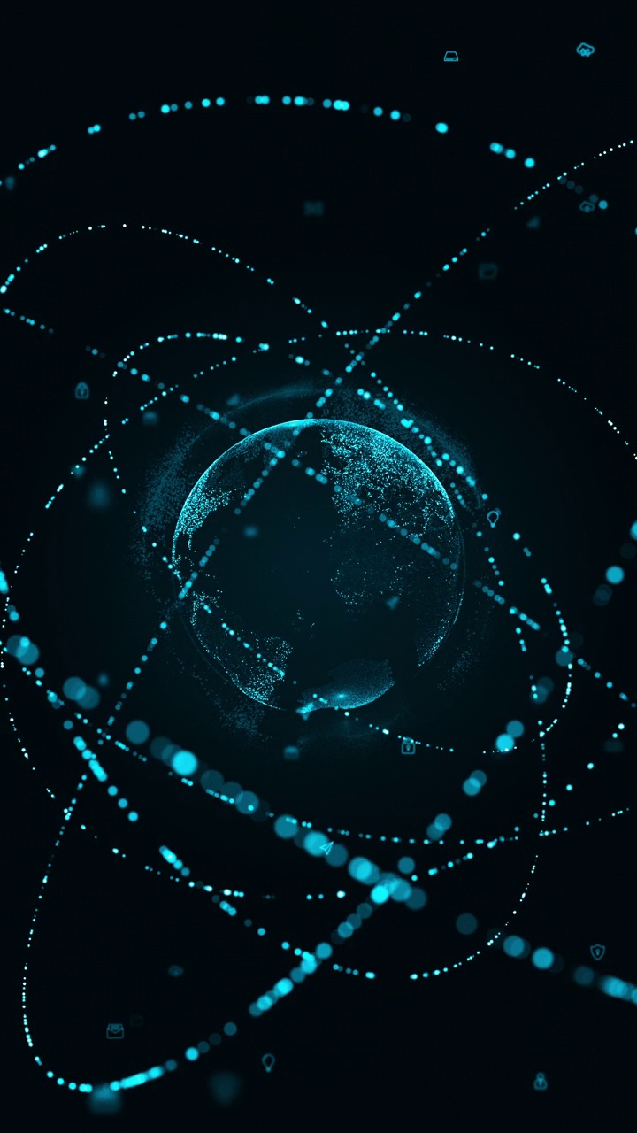运动图形的蓝色数字地球球标志与粒子环旋转和地球球与人工智能技术图标在未来的抽象背景垂直视频概念视频下载