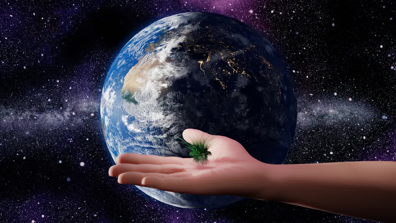 在旋转的地球和宇宙的前面，一株植物从手中生长出来视频下载