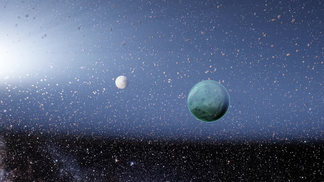 相机正通过一个小行星场与体积星云和绿色的行星和它的卫星视频下载