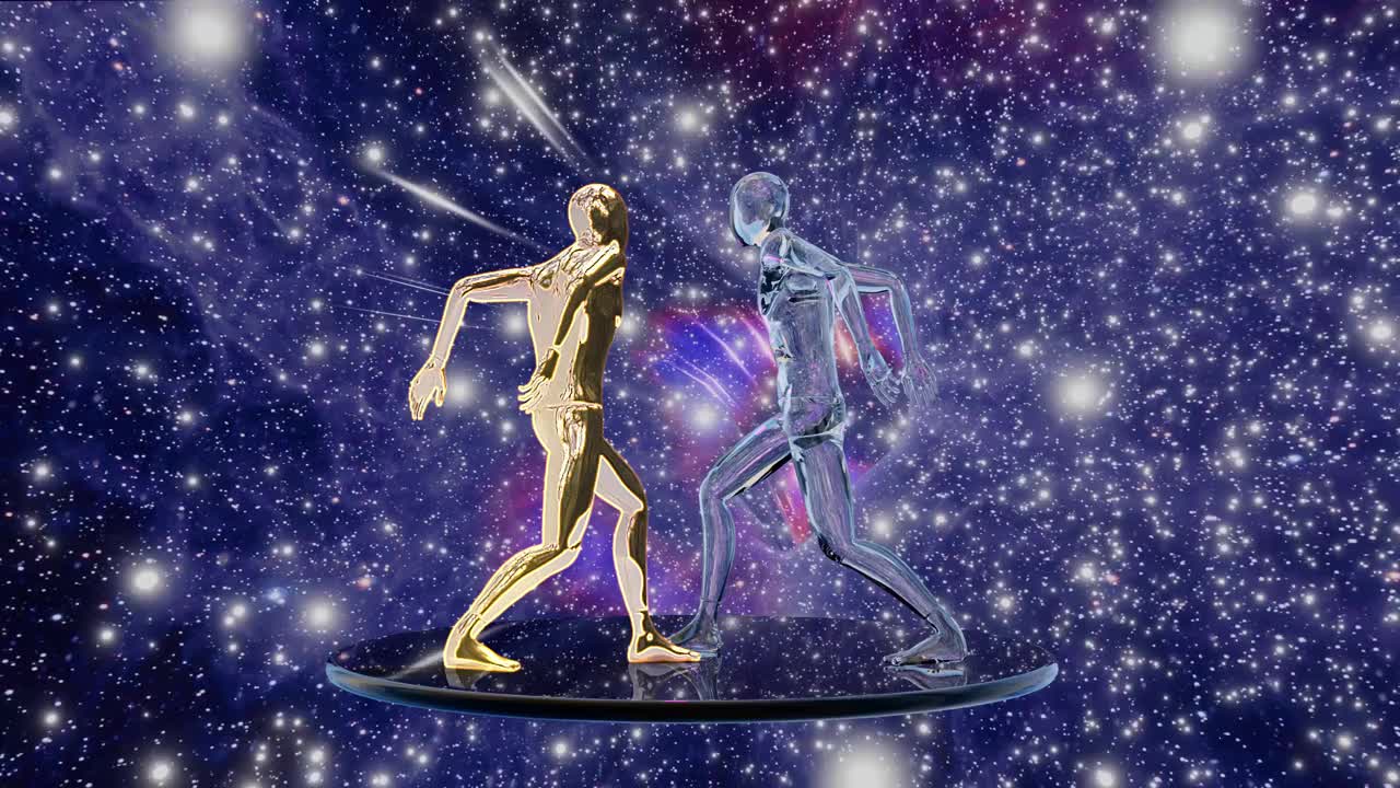 两个舞者在充满星星的太空虫洞的镜子平台上跳舞视频下载