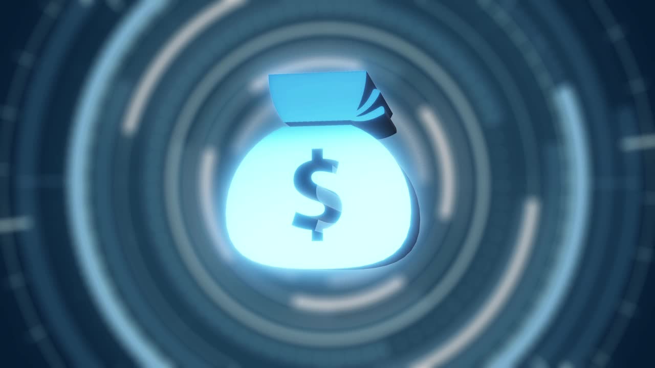 钱袋3d渲染蓝色在绿色背景上利用技术赚钱的概念视频下载