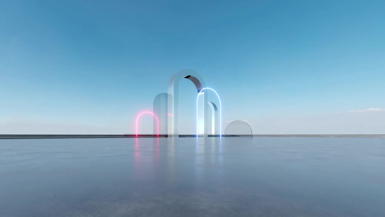 3d渲染抽象的未来主义玻璃建筑与空混凝土地板。视频下载