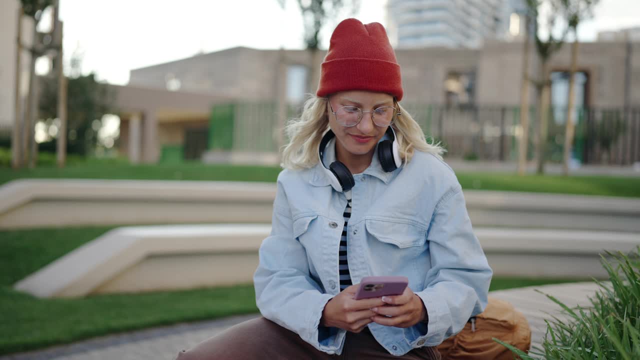 年轻的时髦女人坐在户外的长凳上玩手机视频下载