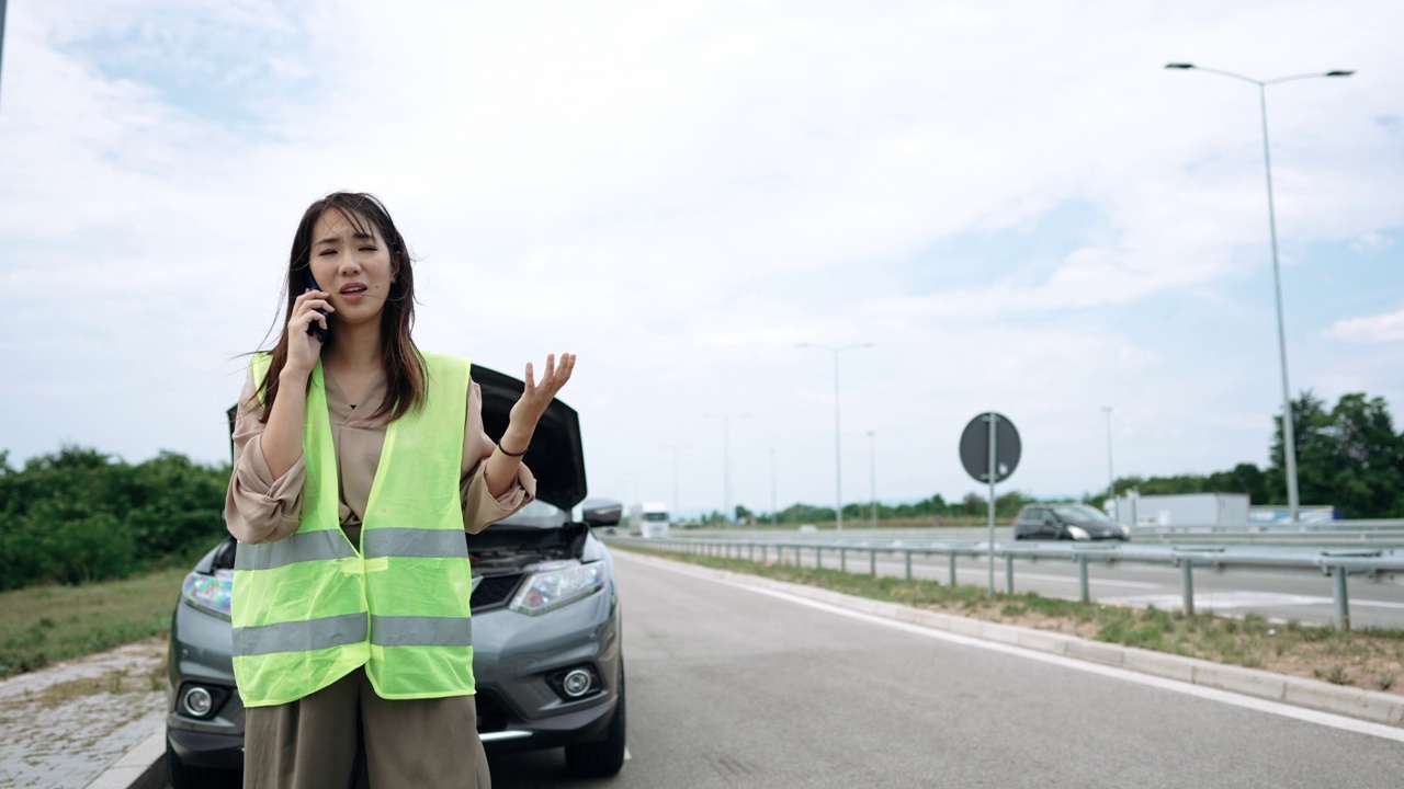 一名年轻女子在高速公路上为她坏掉的车呼救视频下载