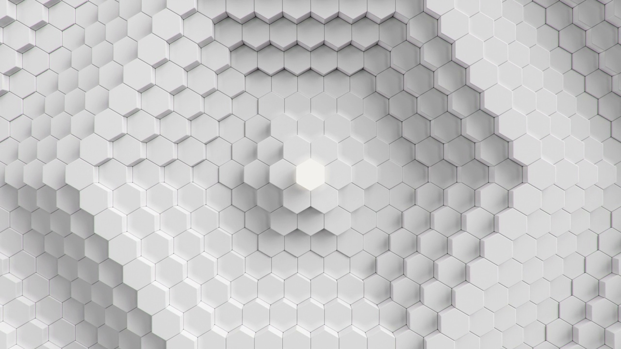 动画抽象白色六边形上下移动。多边形表面以发光六边形为中心，六边形蜂窝。未来的抽象背景业务演示。环路4k超高清视频下载