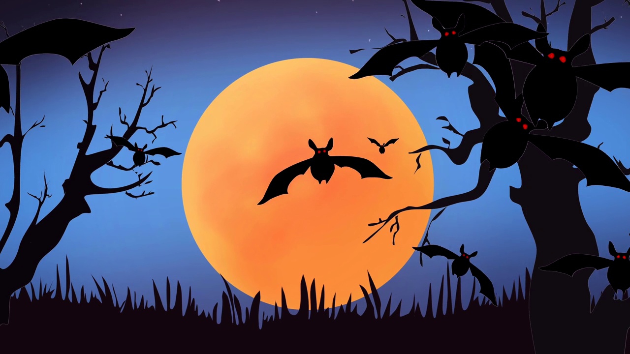 恐怖的儿童万圣节动画背景夜景观与月亮和蝙蝠插入文字视频下载