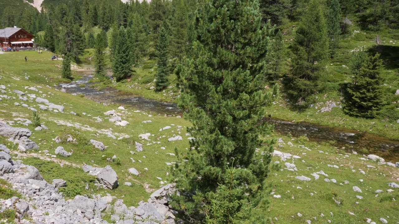 在绿色草地和意大利阿尔卑斯山脉背景的道路在一个夏天，意大利视频下载