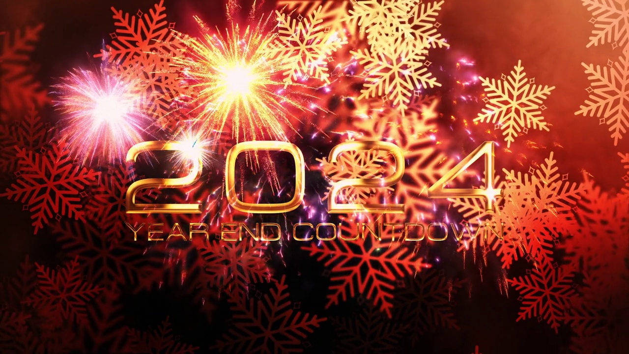 2024年新年倒计时10秒，金色闪闪发光的光运动文字与辉光流雪花电影标题抽象背景。视频素材