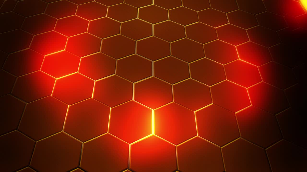未来的表面概念与发光的橙色熔岩六边形。径向闪烁技术抽象背景。无缝循环。视频下载