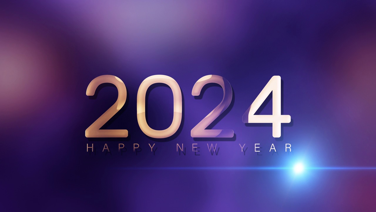 2024新年快乐金色文字光运动效果电影标题预告动画与耀光在多色运动抽象背景。视频素材