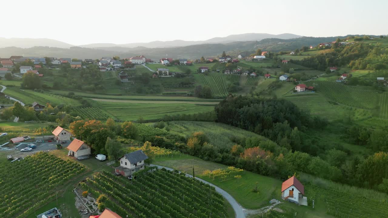 在斯洛文尼亚梅特利卡的拉多维卡小村庄上空，一架旋转无人机带着阳光飞过葡萄园视频素材