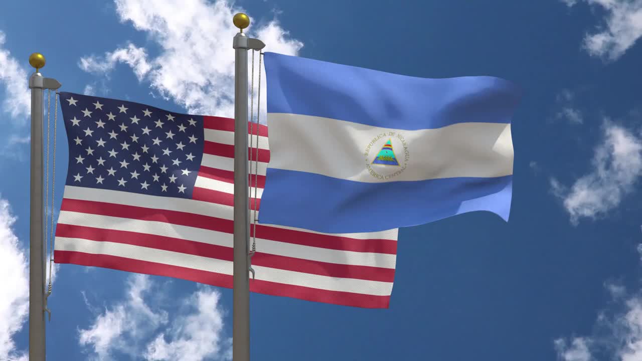 美国国旗与尼加拉瓜国旗在一个杆子上，3D渲染，两个旗帜视频下载