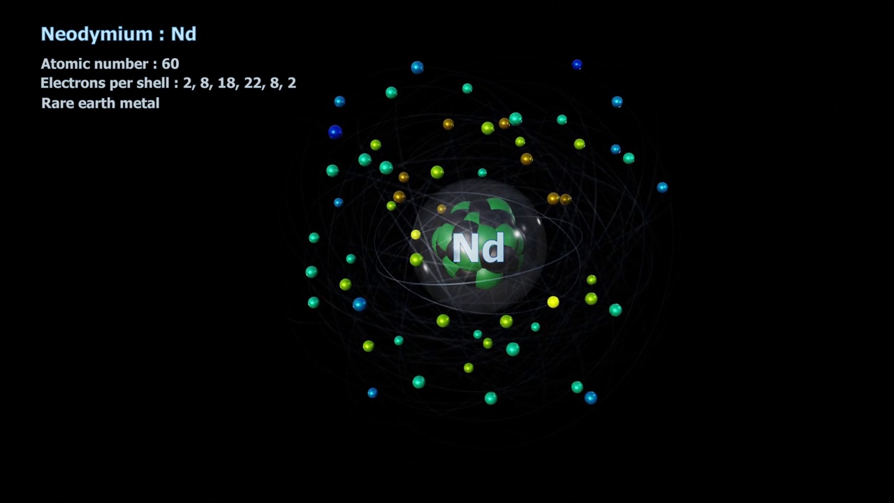 黑色上有60个电子的无限轨道旋转的钕原子视频素材