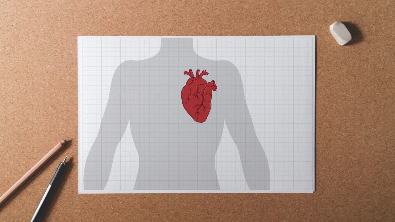 人类心脏和齿轮的动画在一张白色的蓝图网格纸上视频下载