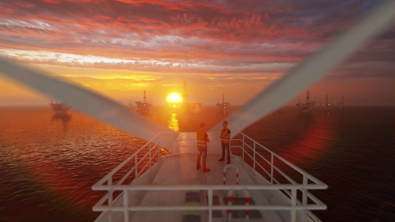 一名维护工人站在海上风力涡轮机顶部，旁边是日出时的石油钻井平台视频下载