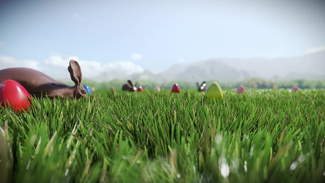 巧克力兔和复活节彩蛋散落在绿色的草地上视频下载