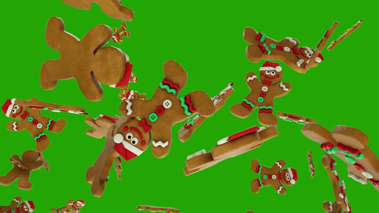 圣诞姜饼饼干在慢动作飞行，绿幕Chromakey视频下载