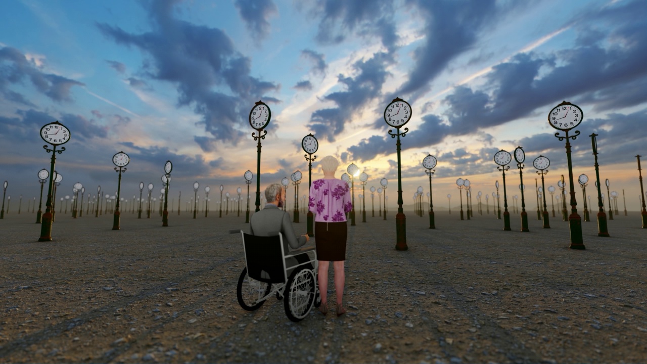 一名残疾人和他的妻子在沙漠中，周围都是日出时的延时时钟视频下载