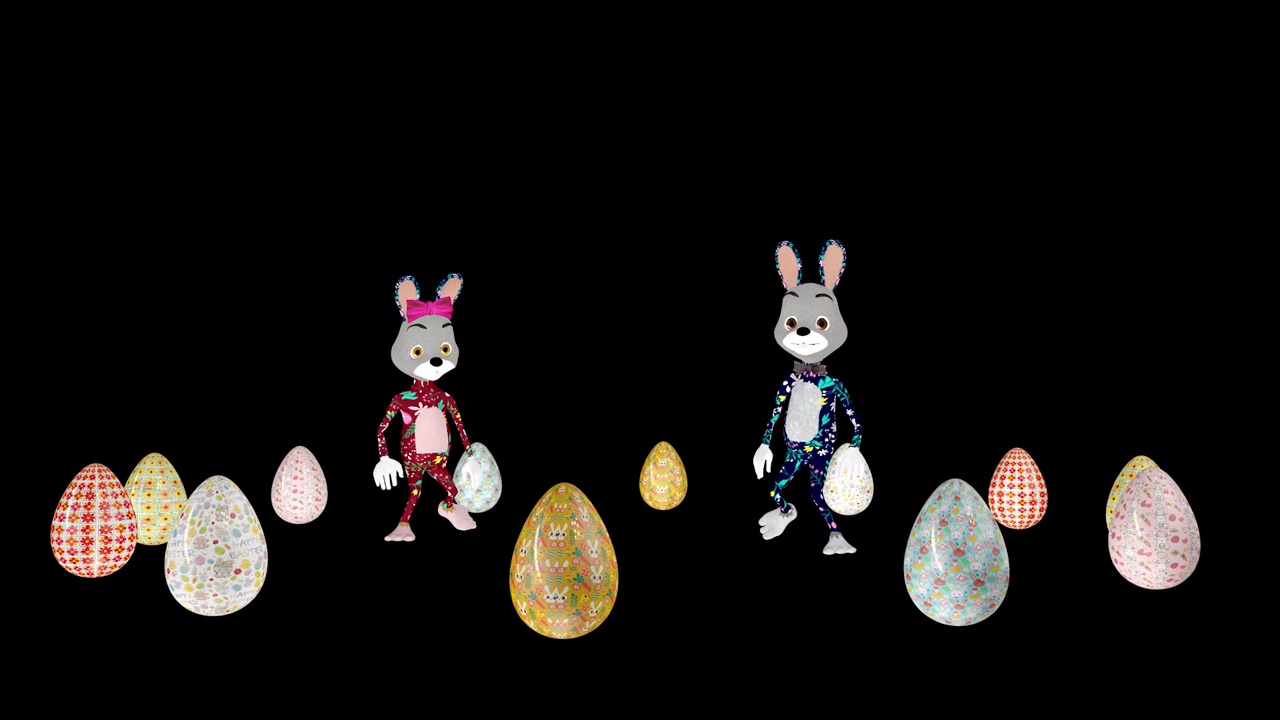 复活节夫妇兔子跳舞围绕着复活节彩蛋，环，阿尔法通道视频下载