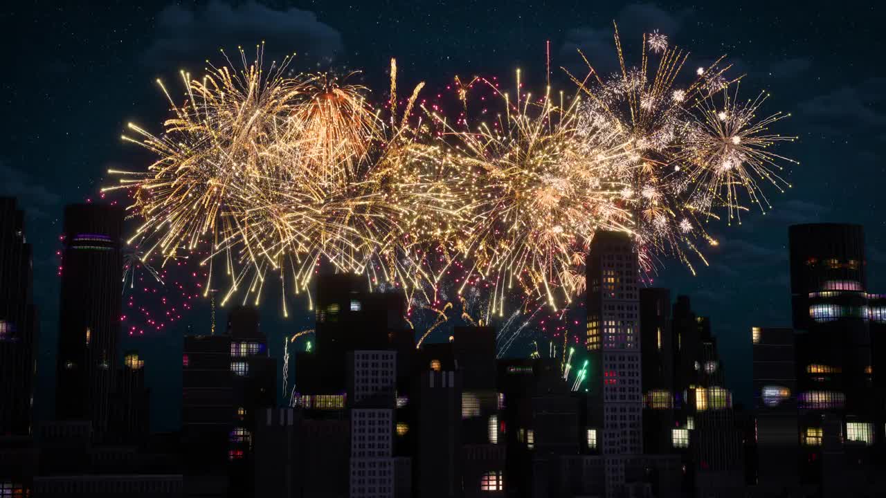 大城市里五颜六色的烟花在蓝色的夜空中绽放视频下载