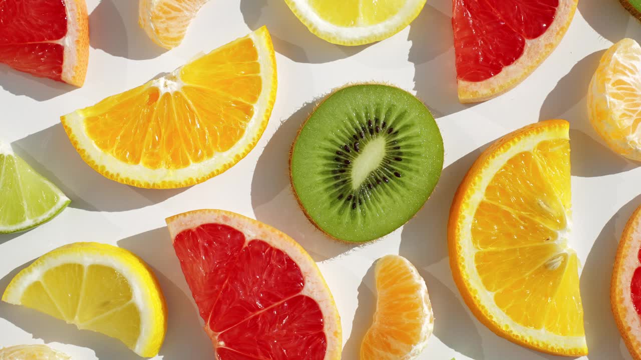 夏季新鲜水果小吃概念。维生素C.图案切片新鲜柑橘类水果柚子，橙子，柠檬，酸橙，猕猴桃旋转转孤立的白色背景接近您的顶部视图。健康的水果视频下载