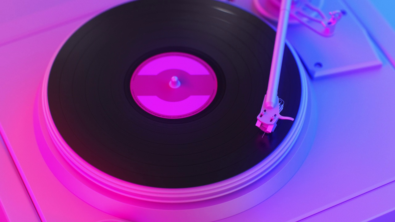 DJ在迪斯科转盘板霓虹灯无缝深紫蓝色的颜色。黑胶唱片播放器旋转磁盘美丽的毛圈3 d动画。音乐背景概念视频下载