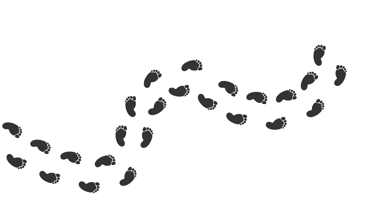 婴儿脚印动画。从右到左在地板上留下干湿的赤脚脚印。宝宝的脚印。行走循环动画，图形运动。白色背景的录像。4 k。视频视频下载