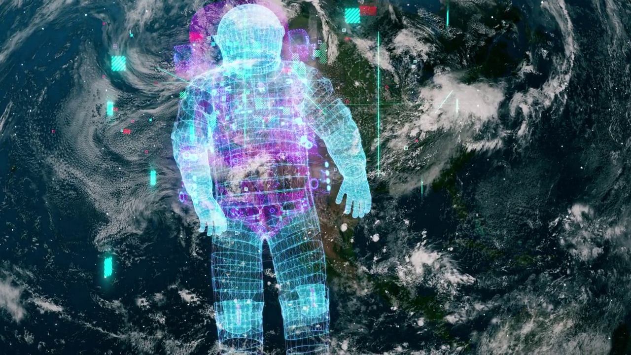 在地球大气层外漂浮的宇航员用计算机图形制作视频素材
