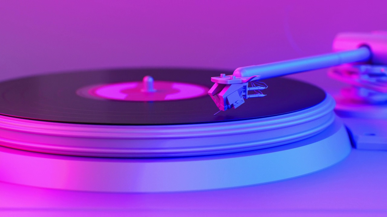 黑胶唱片机美丽的霓虹灯特写。DJ转盘盘迪斯科灯深紫蓝色的颜色。旋转磁盘3d动画。音乐背景概念视频下载