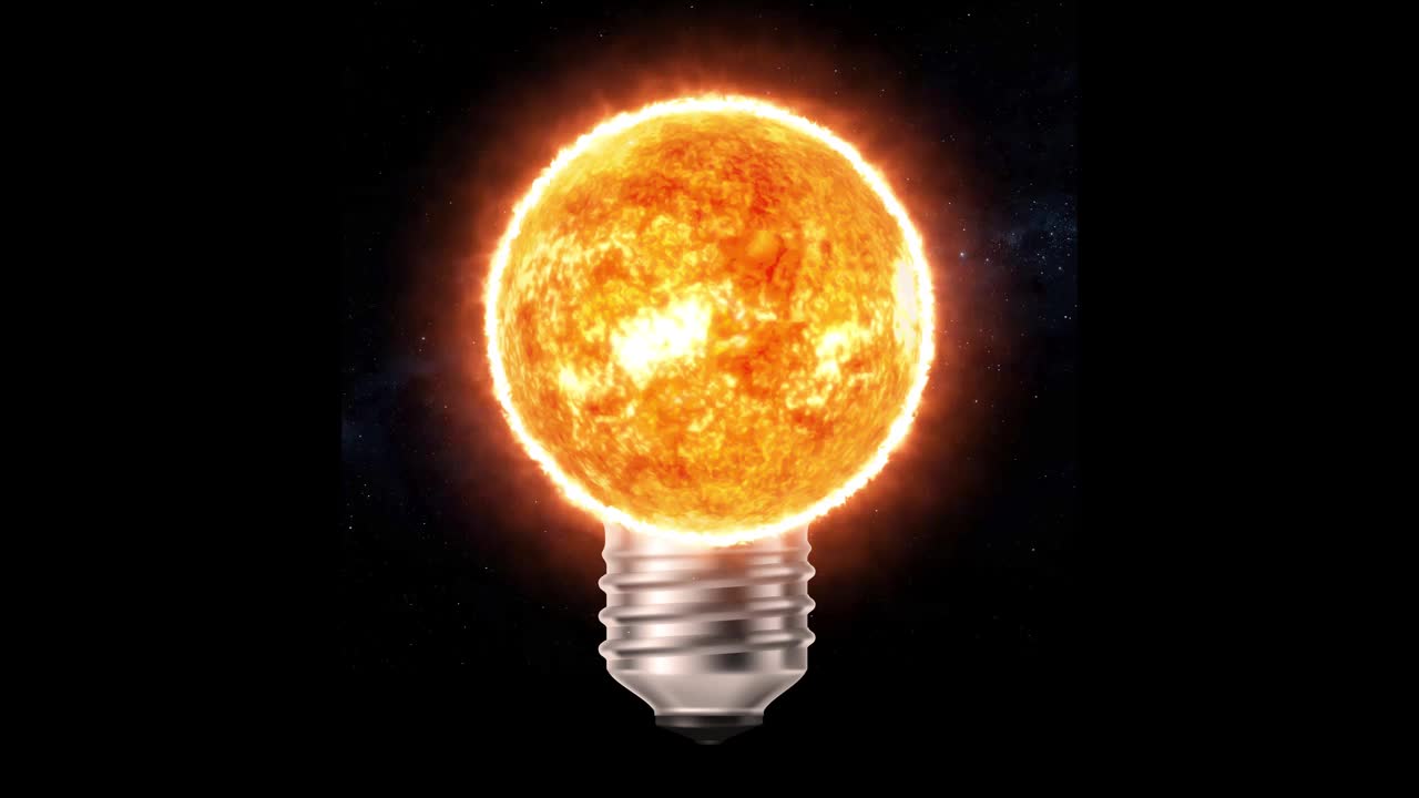 太阳灯泡灯在黑暗的背景。在灯泡玻璃上转动太阳之星。创意概念。科学，宇宙和创意。3D动画4k高质量视频视频下载