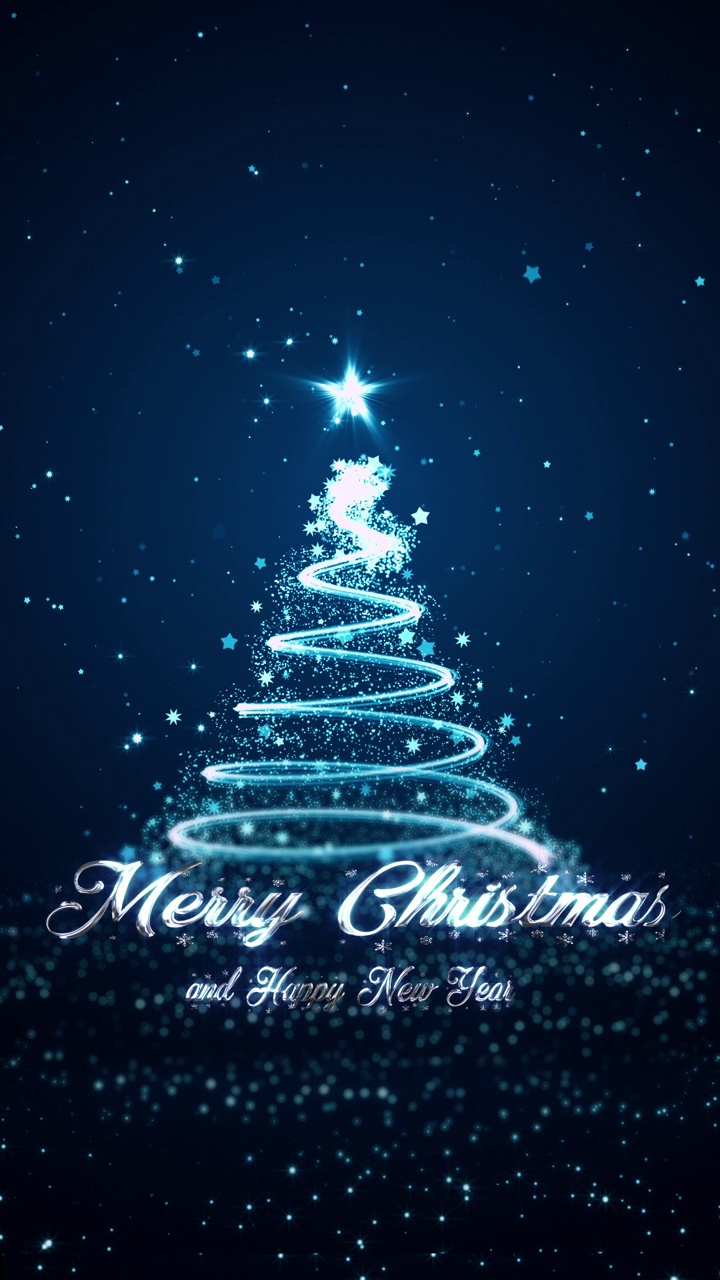 圣诞贺卡与圣诞树和飘落的雪花在蓝色的背景视频下载